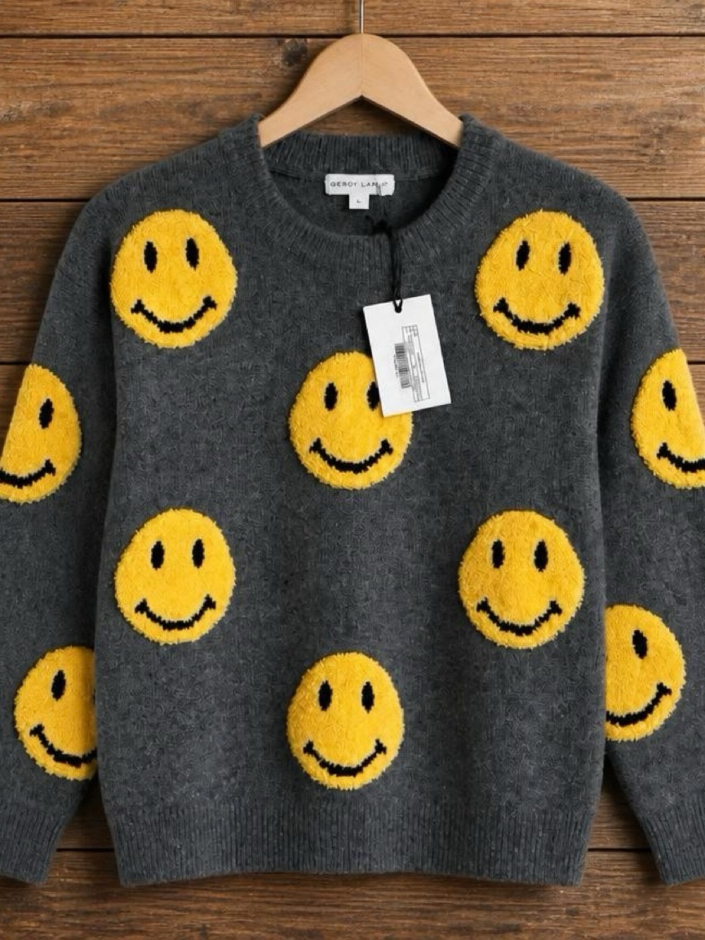 Grey Lab Los Angeles Smiley Face Sweater Women’s Small Gray Yellow NWT